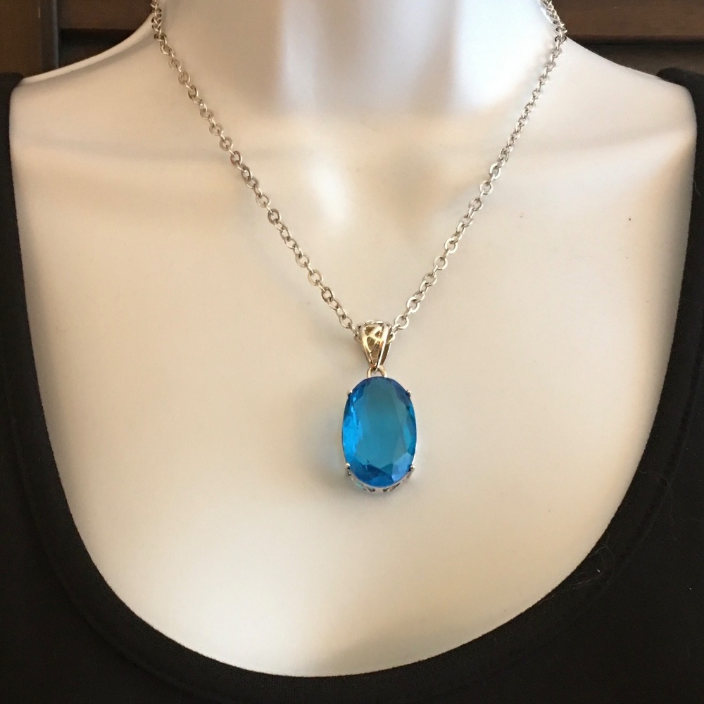 Ocean Blue Oval Crystal Pendant Necklace Sterling Silver Filigree, 17” Chain